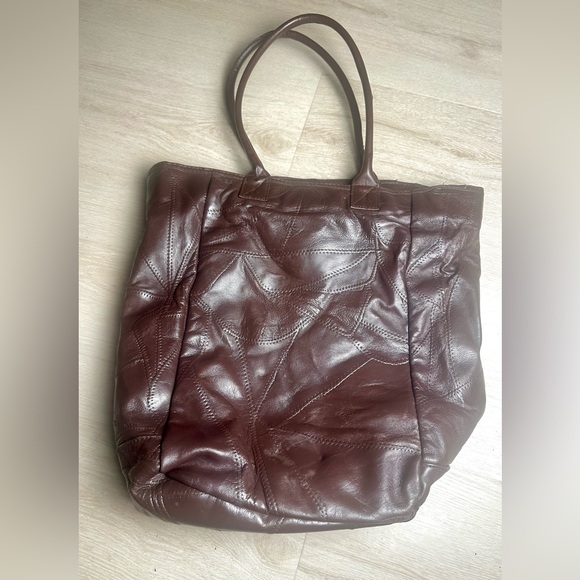 Dark Chocolate Brown Patchwork Lambskin Leather Vintage Travel Tote Bag - Picture 3 of 15